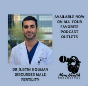 Dr. Justin Houman in a white coat with text promoting a podcast episode about male fertility, available on various podcast platforms.