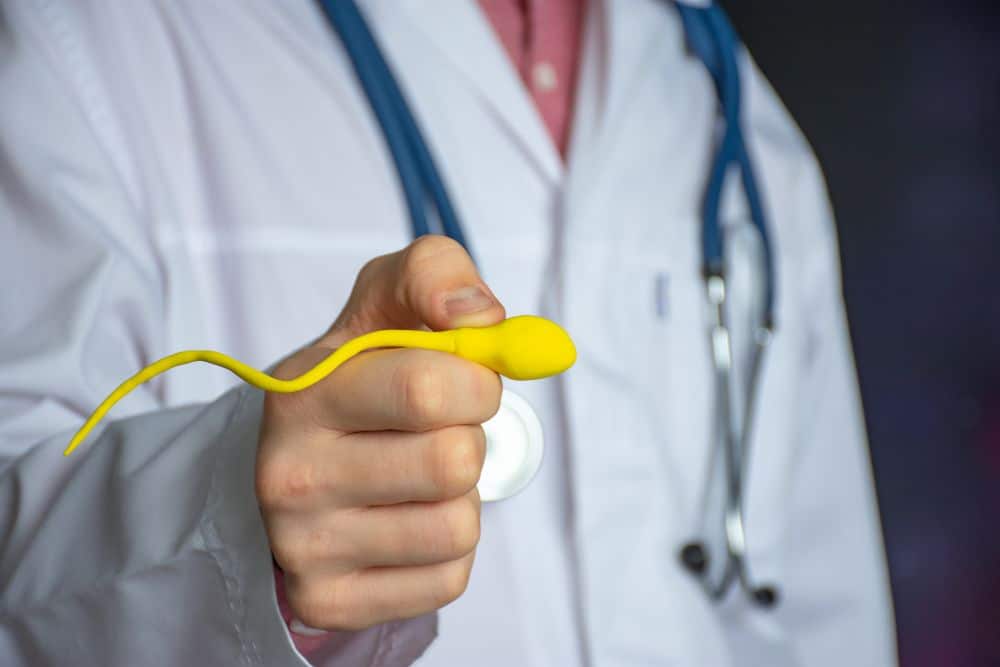 Urology and male fertility specialist holding enlarged sperm model in his outstretched hand explaining azoospermia