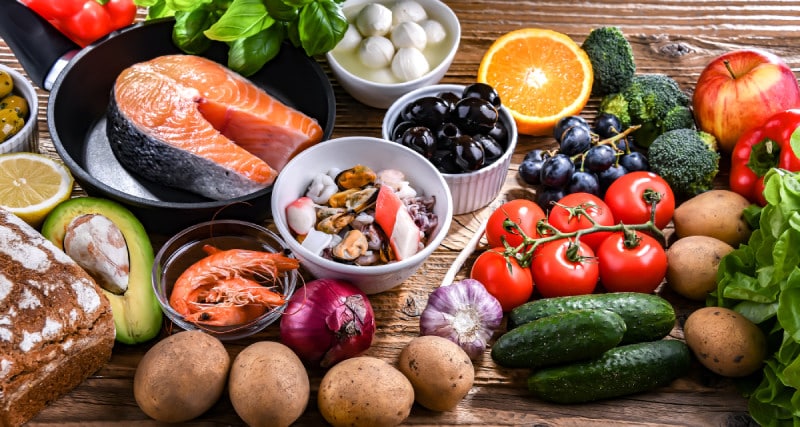 Food products representing the Mediterranean diet.