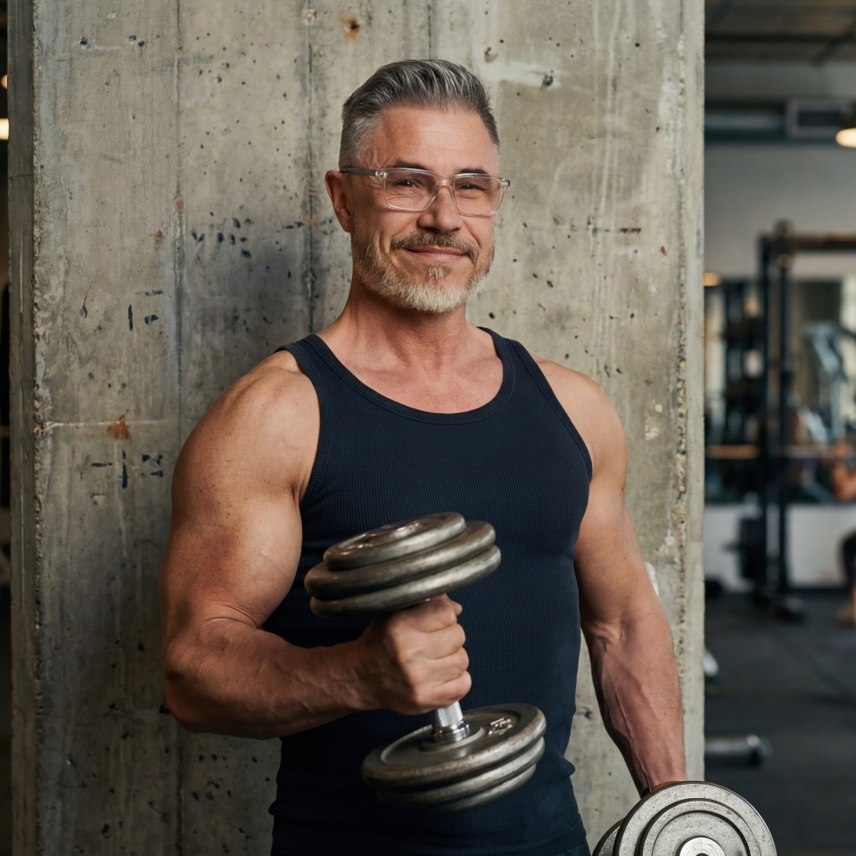 Senior man doing biceps curl exercise in gym. Middle aged muscular male in 50s on weight training workout. Healthy active lifestyle, fitness in older age. Sport activity as daily routine.